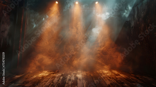 A smoky room with a wooden floor  surrounded by brick walls. Spotlights shine down from the ceiling  illuminating the smoke.