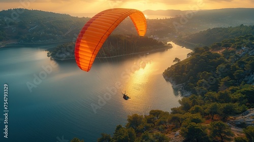 Aerial view of a single paramotor pilot flying over a forest near a reservoir lake on the northeast coast.