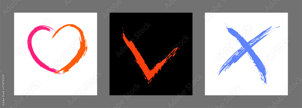 The cross, heart and OK symbol are hand-drawn with a brush. Prohibition, denial, error. Love. Approval, consent. Vector, set of 3 characters The cross, heart and OK symbol are hand-drawn with a brush. Prohibition, denial, error. Love. Approval, consent. Vector, set of 3 characters