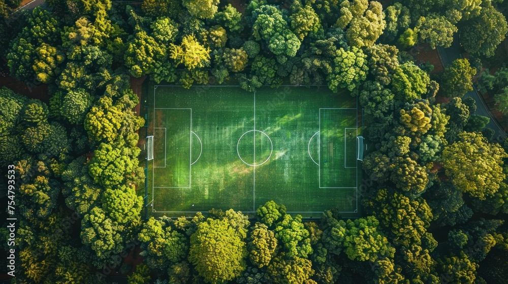 Aerial view of hidden sports field, empty field with slim paths in dense forest. - obrazy, fototapety, plakaty 