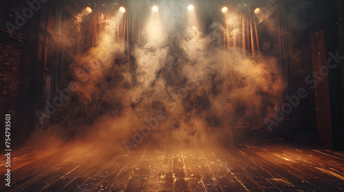 A smoky room with a wooden floor, surrounded by brick walls. Spotlights shine down from the ceiling, illuminating the smoke.