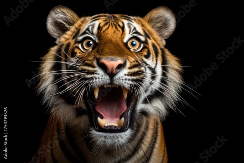 Happy surprised tiger with open mouth.