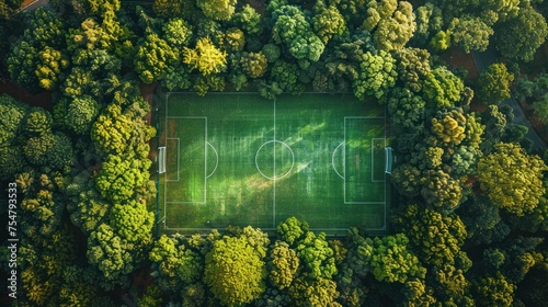 Aerial view of hidden sports field, empty field with slim paths in dense forest.