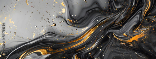 Elegant black and white marble stone texture adorned with luxurious gold details. Abstract design features a mix of black marble, gold ink patterns, and fluid brush strokes.
