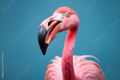 Surprised flamingo with open mouth.