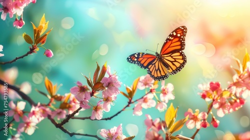 In spring, a blue yellow butterfly takes flight from a branch of flowering apricot trees against a light blue and violet background. Elegant artistic image of nature. Banner format, copy space