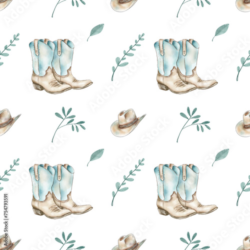 Watercolor seamless pattern cowboy boots and hat with green branches