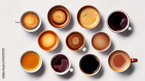 Many cups of different coffee on white background.