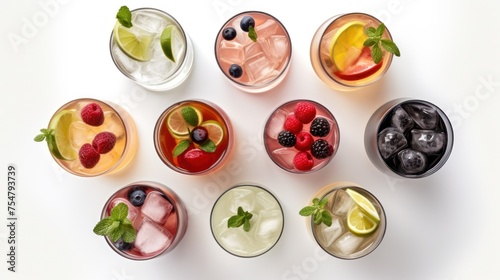 Many different types of cocktails on white background.