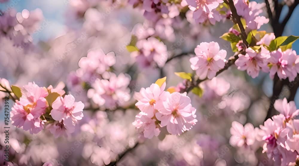 Pink cherry tree blossom flowers blooming in spring, easter time against a natural sunny blurred garden Pink cherry tree blossom flowers blooming in spring, easter time against a natural sunny blurred garden