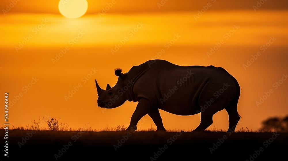 Fototapeta premium Silhouette of rhinoceros on sunset sky.