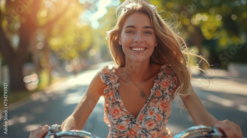 Beautiful Woman Riding Bike Down Street