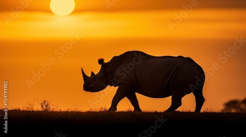 Silhouette of rhinoceros on sunset sky.