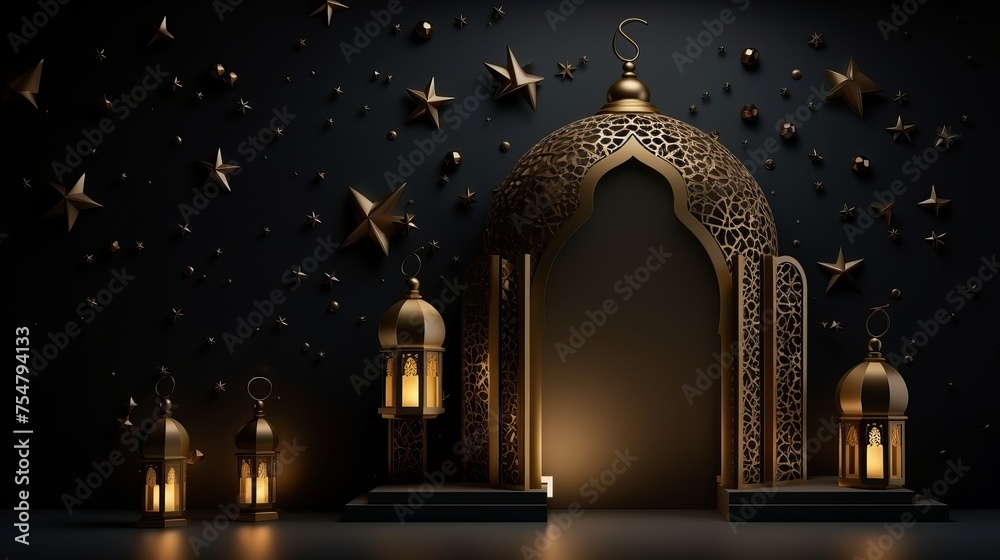 An Islamic-themed 3D illustration serves as a Muslim greeting card, invitation, poster, or banner, featuring a lantern and door concept in an abstract background design template for Ramadan.