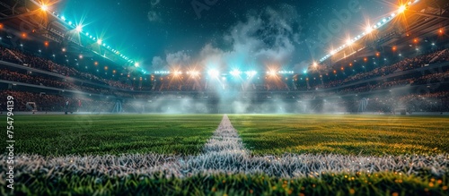 Bright Lights Illuminate Soccer Stadium With Green Field