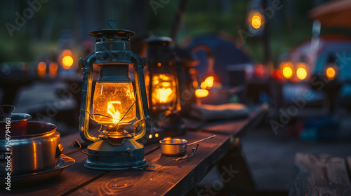 The image captures a rustic vintage lantern on a camping table with surrounding lights and tents hinting at a twilight camping scene
