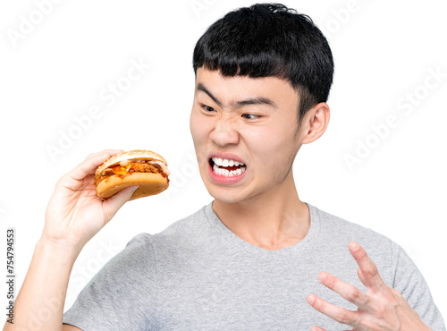 Mad Asian man holding a burger PNG file with no background