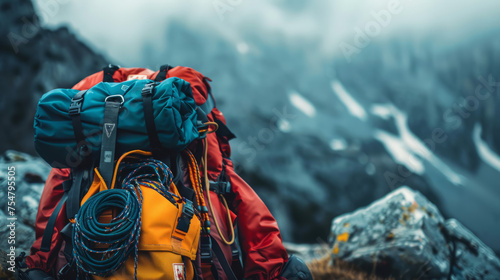 A vibrant image captures a climber's backpack and rope ready for a mountain adventure amidst foggy mountains photo