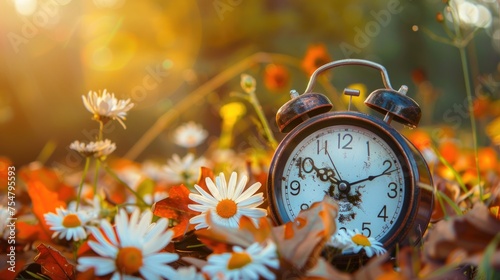 An alarm clock in a blooming flower garden. Generate AI image