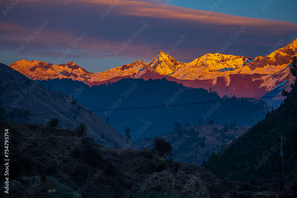 Alpenglow on Himalayan Peaks during Sunset in Chumchaur Jyulo, Jumla, Karnali, Nepal