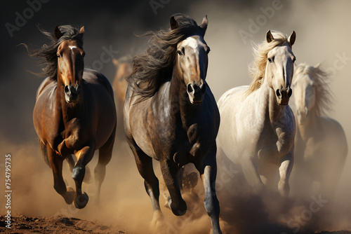 Horse with long mane portrait galloping in the desert
