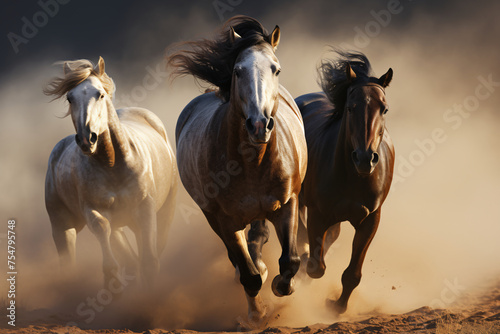 Horse with long mane portrait galloping in the desert