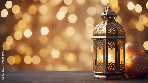 Ornamental Arabic lantern with burning candle glowing at night and glittering golden bokeh lights. Festive greeting card, invitation for Muslim holy month Ramadan Kareem. dates on table