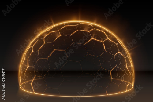Golden light hexagonal protection sphere on black background