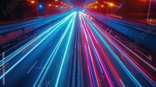 The effect of car lights on the road at night emits a beautiful light. Generate AI image