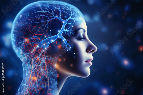 a schematic of human body with neural connections of head and brain and organ structures in form of hologram on abstract background with light  digital art  concept of biotechnology of future