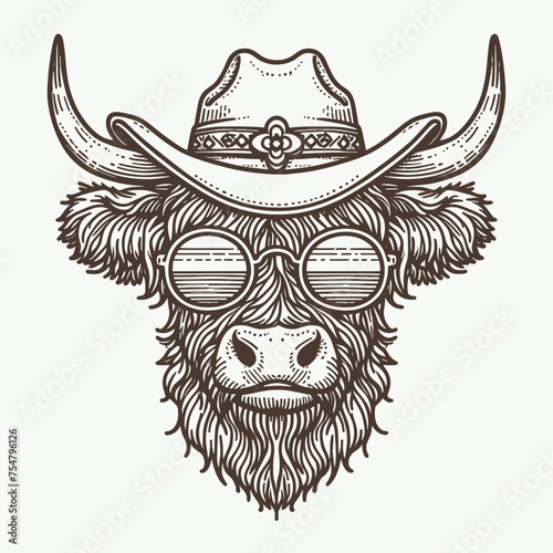 Highland Cow wear cowboy hat and round sunglasses, Funny and Cool, Minimal T-Shirt design for Coffee Lover, Svg Eps Vector illustration