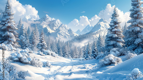 Winter landscape with snow-covered trees and mountains under a blue sky.