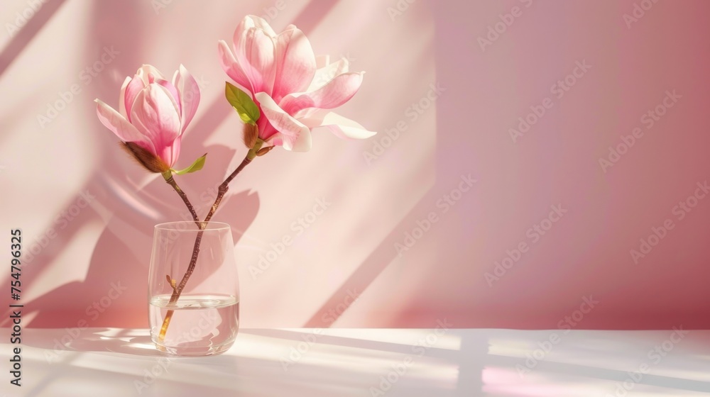 Magnolia flowers in a glass vase with a beautiful pink color concept. Generate AI image Magnolia flowers in a glass vase with a beautiful pink color concept. Generate AI image