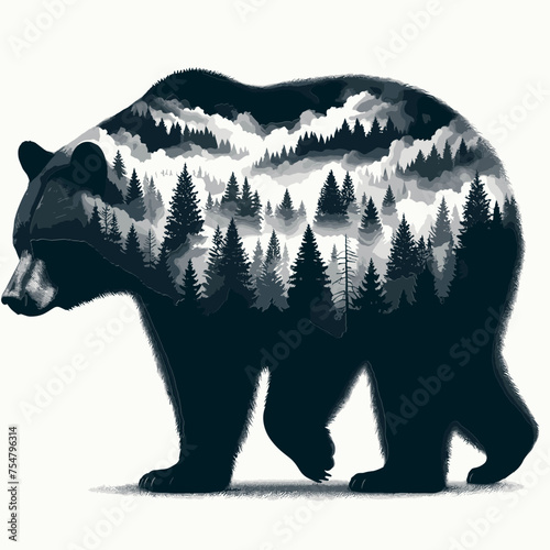 Bear Double Exposure Forrest, Design for Nature Lover, Svg Eps Vector illustration