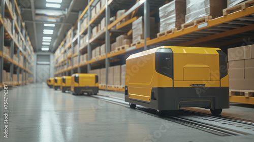 A warehouse with yellow Auto tranfer machine and boxes. The warehouse is empty and the boxes are stacked on the shelves. Tranfer , delivery concept. Generative Ai Illustration.