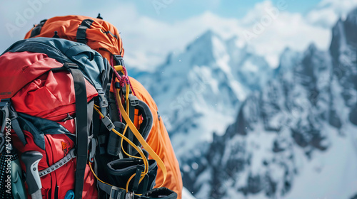 Close-up of a colorful backpack filled with climbing gear, set against a backdrop of snowy mountains