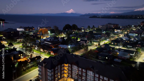 Sunset City At Puerto Varas In Los Lagos Chile. Nature Landscape. Travel Background. Los Lagos Chile. Downtown Cityscape. Sunset City At Puerto Varas In Los Lagos Chile. photo