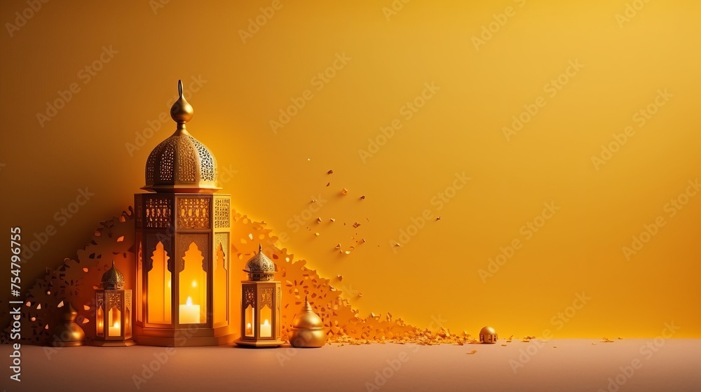 Ramadan and Eid al fitr concept backgrounds dates with Turkish traditional lantern Light Lamp, yellow coloured background with confetti, Ramadan Kareem Mubarak 3d background