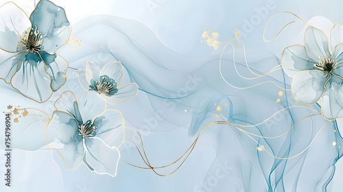 uxury minimal style wallpaper featuring golde. pale blue wallpaper. blue color background. blue flower background