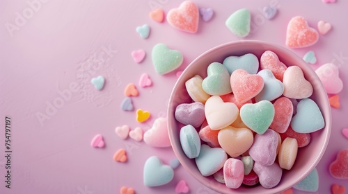 Colorful candies on pastel color pink background © Umut