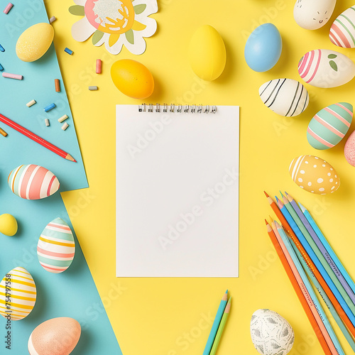 Easter decor concept. Top view photo of yellow pink blue easter eggs and sprinkles on isolated pastel blue background with blank space in the middle