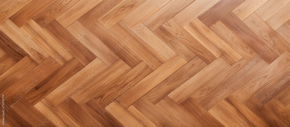 A detailed view of a wooden floor featuring a chevron pattern, showcasing the intricate design of the woodwork and craftsmanship. The chevron pattern adds depth and visual interest to the flooring A detailed view of a wooden floor featuring a chevron pattern, showcasing the intricate design of the woodwork and craftsmanship. The chevron pattern adds depth and visual interest to the flooring