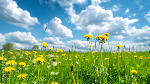 Beautiful meadow field with fresh grass and yellow dandelion flowers in nature against a blue sky with clouds. Summer spring perfect natural landscape