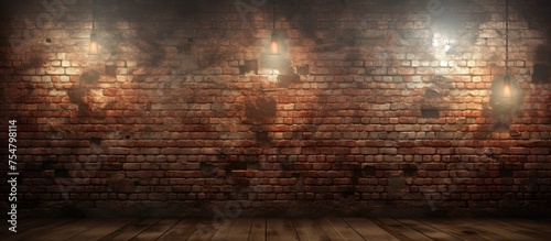 A grungy interior room featuring a brick wall illuminated by spotlights  with a wooden floor in the foreground. The contrast between the rugged brick and the smooth wood creates an industrial