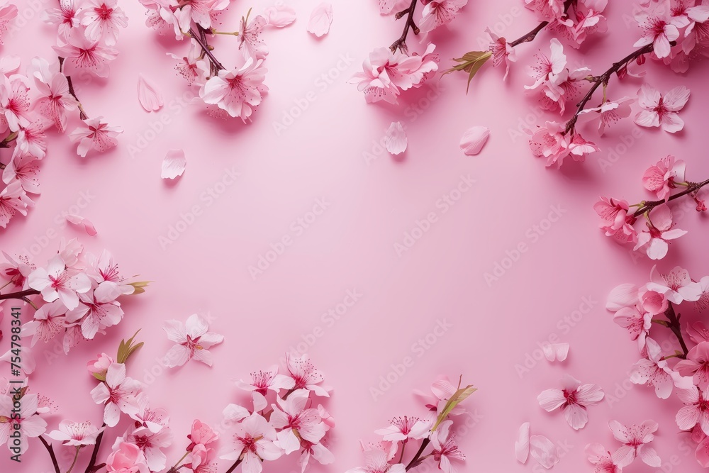 Background of many sakura flowers on pink background. Spring floral design. Copy space