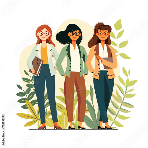 Vector illustration of three businesswomen in casual clothes standing in a row.