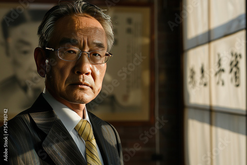 portrait of an old japanese elegant businessman in his office illuminated by sunlight Generative AI photo