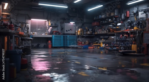 Garage cyberpunk concept art future realistic, Factory Industrial Equipment and Machinery,