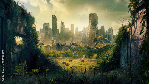 Ruins overgrown by plants. In background the last remains of a destroyed city skyline after the apocalypse. Generative Ai photo