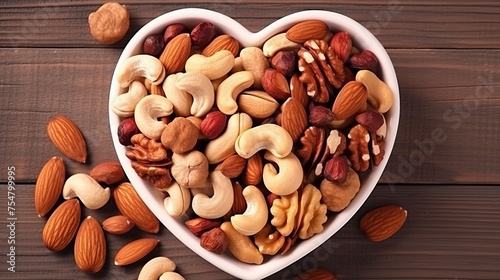 Different types of nuts are arranged on a plate in the shape of a heart, captured from a top view.